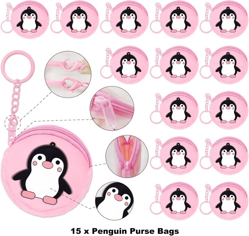 Elecrainbow 15 Pack Penguin Mini Coin Purses with Keyring for Penguin Winter Themed Party,Goodie Stuffer,Present for Friends,Guest Return Gift, Baby Shower,Birthday Party,Pink - Image 2